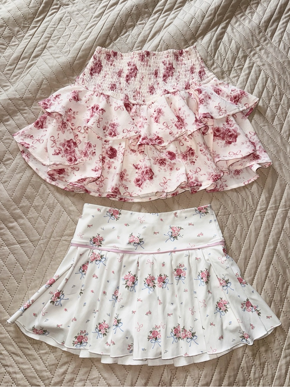 ALTAR’d state Floral Ruffle Mini Skirts - Pink & White